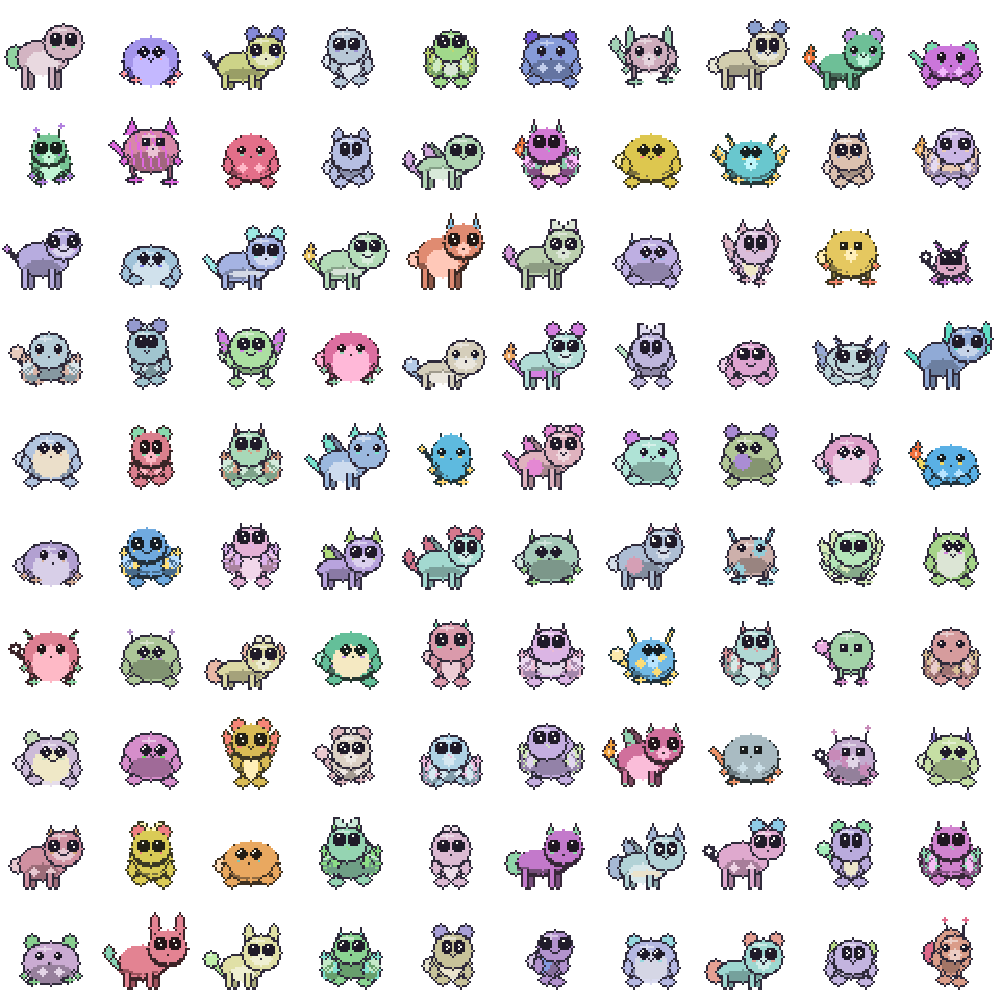 A grid of one hundred Formiga creatures with different shapes, faces, and colors