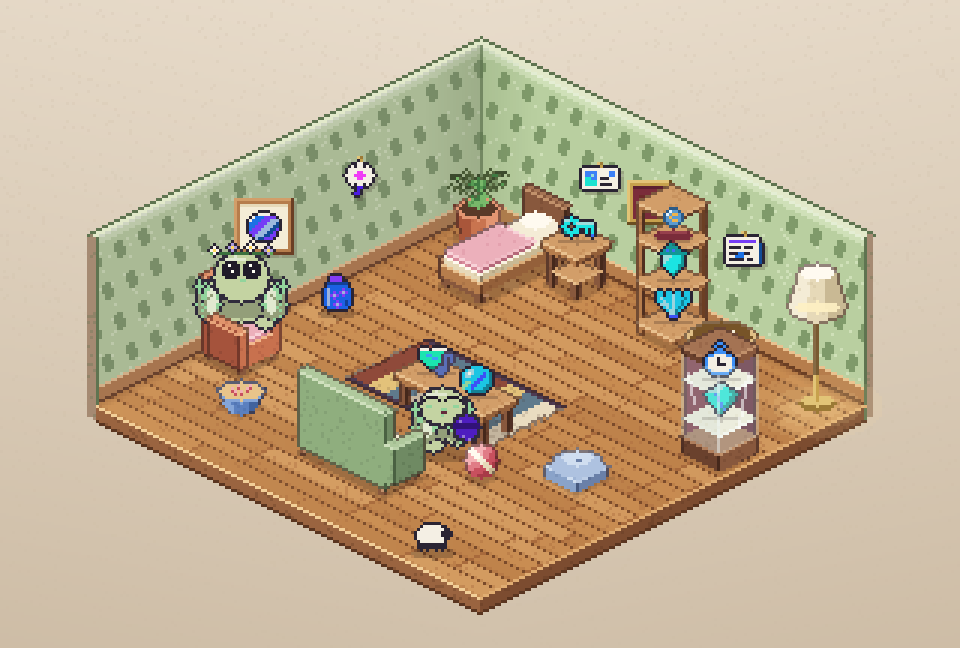 A pixel-art room viewed from above, with a bed, a sofa, a display case of finds, and two residents